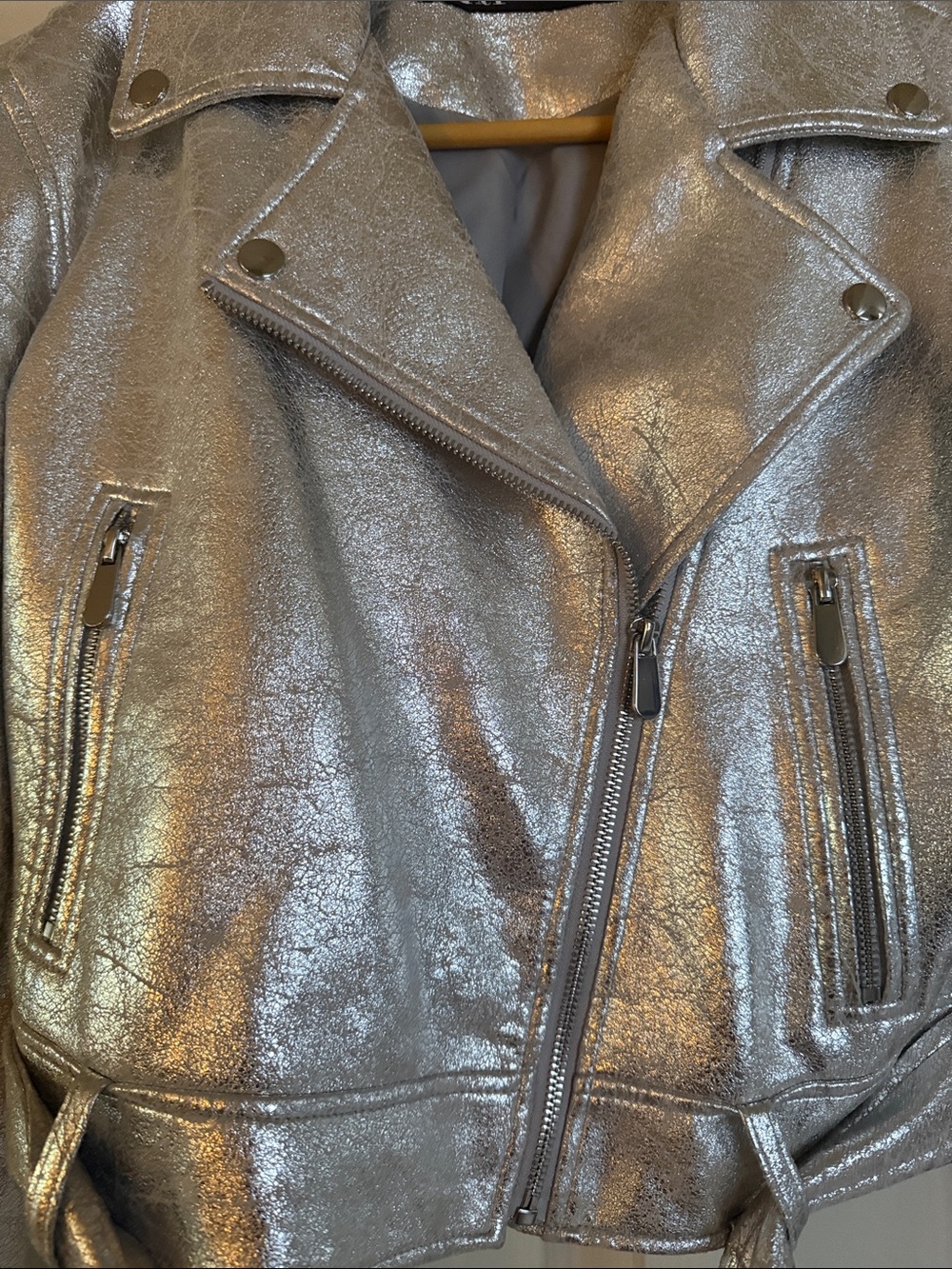 Zara Faux Leather Metallic Silver Cropped Moto Jacket - Picture 3 of 7